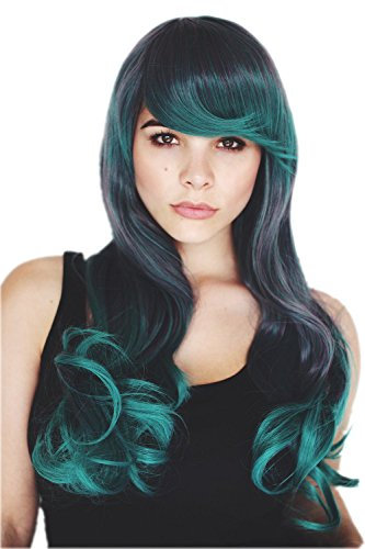 Prettyland Damen lang-Haare lange glatte gewellte Perücke Grau & Pfau-Grün 2-Farben Wig C913