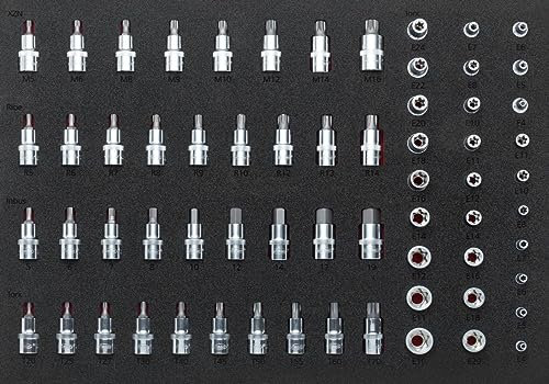 Vigor Weichschaum-Einlage 1/1 für E-Torx, XZN, Innen_Sechskant und Ribe Steckschlüssel-Einsätze, 64-teilig, 1 Stück, V2837