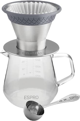 ESPRO,BLOOM Pour Over Coffee Brewing Kit,Durable Thermal Brushed Stainless Steel Sleeve, Premium Borosilicate Glass Carafe, Stainless Steel Measuring Scoop and 50 Paper Filters