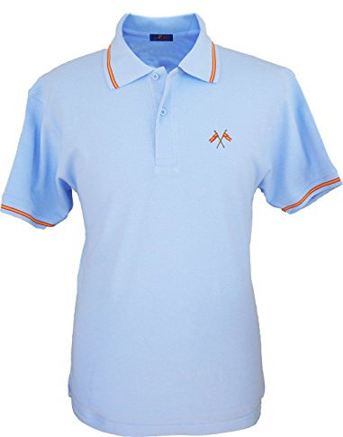 Polo Bandera de España Bordada en Pecho Hombre Color Celeste, 100% algodón. Bandera de España en Cuello y Mangas Talla XL