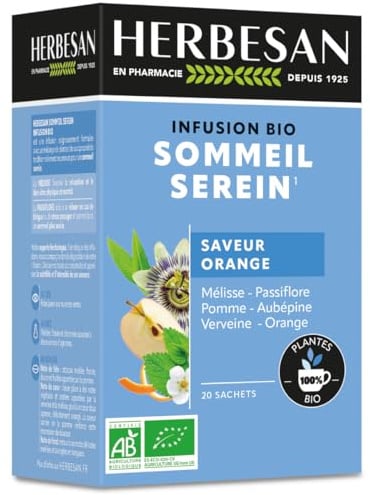 HERBESAN®- INFUSION SOMMEIL SEREIN BIO - Saveur Orange - Doux & Rond - Sans plastique - 100% plantes - 20 sachets en papier
