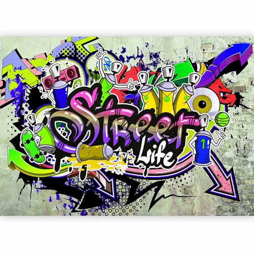 Papier peint murando panoramique inspirant 350x256 cm - Revêtement mural décoration salon - Design moderne - Violet bleu gris jaune - Fond mural urbain coloré graffiti artistique i-A-0108-a-d