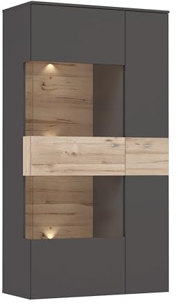 Forte Como Vitrine L 90, Moderne Vitrine mit 2 Türen, Wohnzimmervitrine, Vitrinenschrank, Holzwerkstoff, Uni Wolfram Grau/Stabeiche Holzdekor, 90,1 cm breit x 168,1 cm hoch x 41,3 cm tief