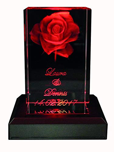 VIP-LASER 3D Glas Kristall Quader XL Rose mit Zwei Wunschnamen + Datum im Hochformat Weihnachten!, Beleuchtung:mit Color Leuchtsockel 5 LED Schwarz