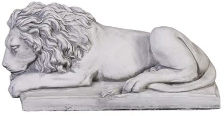 gartendekoparadies.de Liegender Löwe Steinfigur – Kopf Geradeaus Gerichtet, H. 20 cm, 18 kg, Grau, Frostsicher aus Steinguss für Außenbereich