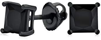 Boucles D'Oreilles Clous Solitaires En Zircon Cubique Taille Princesse Noir Sur Noir Pour Hommes Et Femmes Fermoir Sécurisé À Vis Plaqué Noir En Argent Sterling .925