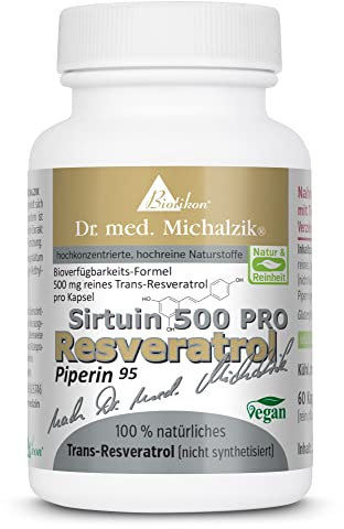 Resveratrol Sirtuin 500 PRO Dr. med. Michalzik - Trans-Resveratrol jap.-Staudenknöterich-Wurzel Extrakt - mgReinheitsgrad 98% Piperin 5 mg - ohne Zusatzstoffe - von Biotikon®