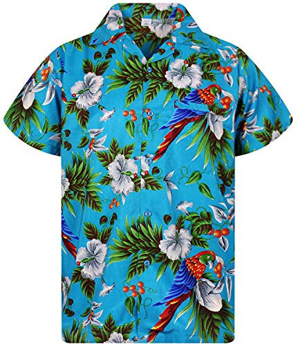 V.H.O. Funky Hawaii-Hemd, Herren, Kurzarm, Cherryparrot, Türkis, L