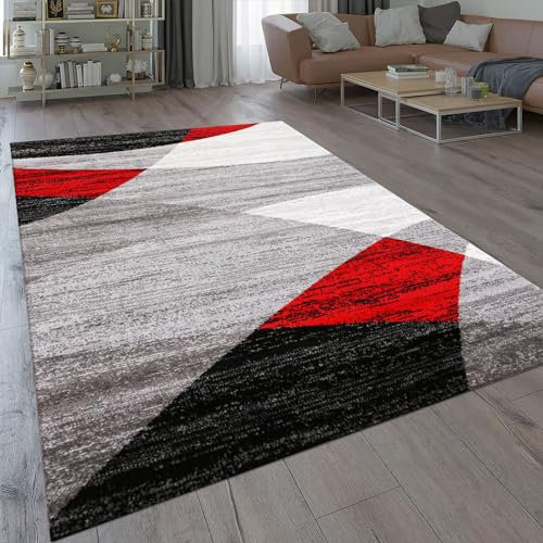 VIMODA Teppich Geometrisches Muster Meliert in Rot Grau Weiß Schwarz Kurzflor Wohnzimmer, Maße:80x250 cm
