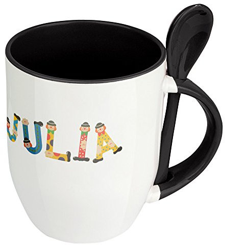 Namenstasse Julia - Löffel-Tasse mit Namens-Motiv Holzbuchstaben - Becher, Kaffeetasse, Kaffeebecher, Mug - Schwarz