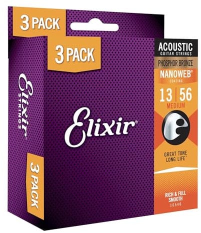 lixir Saiten 16546 Akustikgitarrensaiten aus Phosphor-Bronze, NANOWEB®-Beschichtung, Medium, 3 Stück (.013-.056)