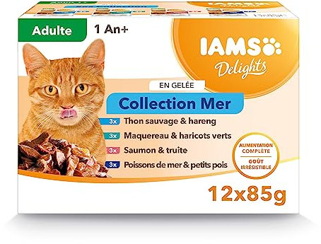 IAMS Delights Sea Collection Katzenfutter Nass - Multipack mit Fisch Sorten (Lachs, Thunfisch, Makrele, Seefisch) in Gelee, Nassfutter für Katzen ab 1 Jahr, 12 x 85g