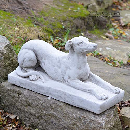 Garden Ornaments by Onefold DO12 Greyhound on Plinth Stone Garden Ornament, Grey, 47x17x27 cm
