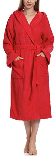 Ladeheid Damen Frottee Bademantel mit Kapuze Morgenmantel warm aus 100% Baumwolle LA40-102 (Rot (D10) (Gramatur 450), S)