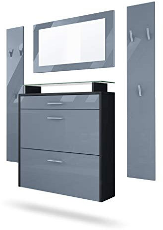 Vladon Garderobe Malea, Garderobenset bestehend aus 1 Hängeschuhschrank, 1 Wandspiegel und 2 Garderobenpaneele, Schwarz matt/Grau Hochglanz