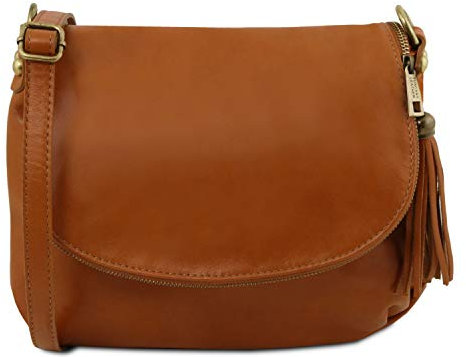 Tuscany Leather TLBag Umhängetasche aus weichem Leder mit Quasten Cognac