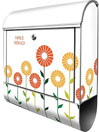 banjado® Design Briefkasten personalisiert WT Abstrakte Margeriten 38,5x46,5x13cm & 2 Schlüssel - Briefkasten Stahl Silber Zeitungsfach pulverbeschichtet - Postkasten A4 Einwurf inkl. Montagematerial