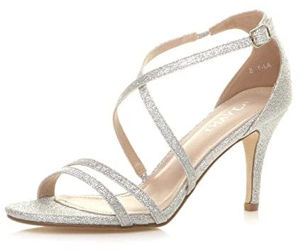 WOMENS LADIES MID HIGH HEEL STRAPPY CROSSOVER WEDDING SANDALS SHOES SIZE 8 41, Silver Glitter, 8 UK