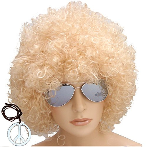 Mega Afro Set BLOND Afro Perücke + verspiegelte Brille + Peace Medaillon