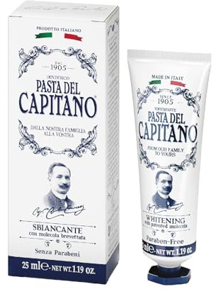 Pasta del Capitano 1905, Aufhellende Zahnpasta, Entfernt 99% der Bakterien ohne den Zahnschmelz und das Zahnfleisch zu schädigen, Aufhellende und antibakterielle Wirkung, Made in Italy, 25 ml Tube