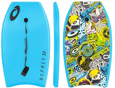 Osprey 33” Bodyboard for Kids and Beginners, Lightweight Deck Boogie Board with Leash, Durable Core for Surfing & Bodysurfing, Blue Sticker