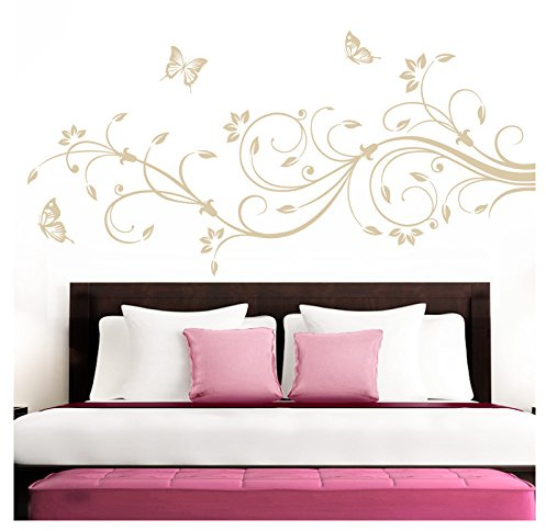 Grandora Wandtattoo XXL Blumenranken Schmetterlinge Blumen I beige (BxH) 90 x 39 cm I Schlafzimmer Liebe Flur Wohnzimmer modern Aufkleber Wandaufkleber W1073