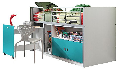 Vipack Hochbett Bonny m.ausziehbarem Schreibtisch weiß/türkis Leiter Längsseite