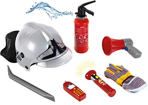 Theo Klein 8921 Set dei Pompieri, Set da 7 Pezzi con Casco, Torcia Tascabile, Estintore con Funzione di spruzzo, Dimensioni della Confezione: 52,4 cm x 35 cm x 20 cm