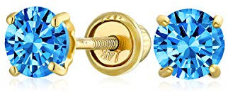 Zircone Cubique Bleu Clair Topaze Simulé CZ Clous Et Puces D'Oreille Solitaire Ronde Vrai Or 14K Jaune À Vis