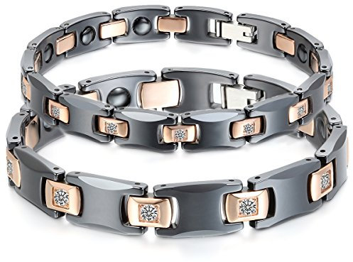 JewelryWe Valentinstag Schmuck 2pcs Herren Damen Armband, Lieben Freundschaftsarmband Geschenke, I Rechteckig Link Magnet Charm, Zirkonia Diamant Edelstahl Keramik, Rose Gold Schwarz