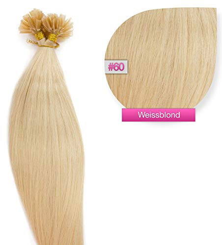 Bonding Extensions Echthaar glatt 50cm 25 x 1.0 g #60 weißblond blond Haarverlängerung Keratin U-Tip Human Hair