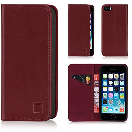 32nd Classic Series - Real Leather Book Wallet Flip Case Cover For Apple iPhone 5, 5S & SE (2016), Real Leather Design With Card Slot, Magnetic Closure and Built In Stand - Burgundy