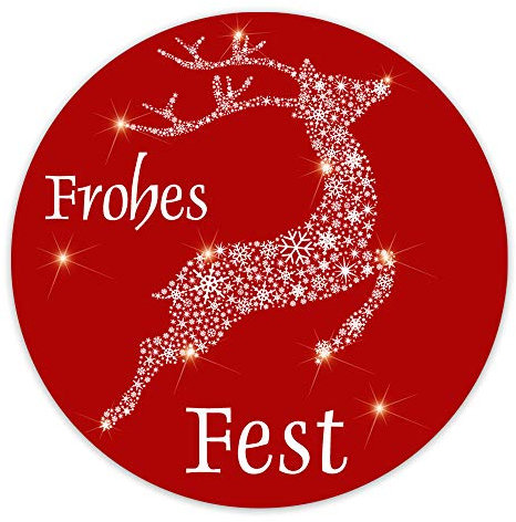 Weihnachtsaufkleber Weihnachtssticker Frohes Fest mit Rentier aus Sternen rund Ø 30 mm, 100 Stück auf Rolle, Haftpapier glänzend