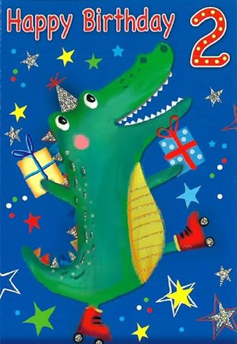Age 2 Boy Birthday Card - 2nd Birthday Crocodile in Party Hat 7.75x5.25