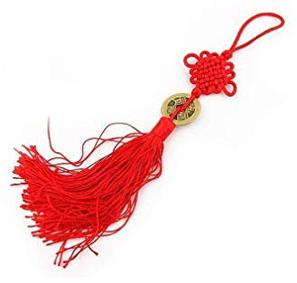 lachineuse - Talisman Feng Shui de Prospérité - Amulette Porte-Bonheur avec Pompon & Pièce Chinoise Sapèque - Longueur 25 cm - Coloris Rouge & Doré - Idée Cadeau Asiatique - Chance & Richesse