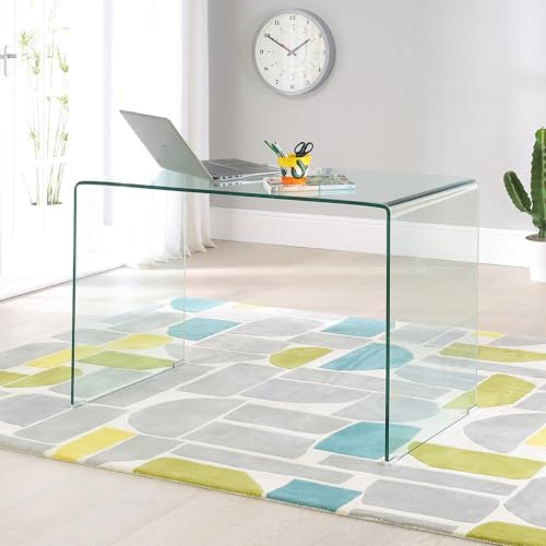 The Furniture Market Geo-Glass Small Desk - Modern Minimalist Design, 12mm Toughened Tempered Safety Glass, Clear, 74cm H x 110cm W x 55cm D, Home Office, Computer Work