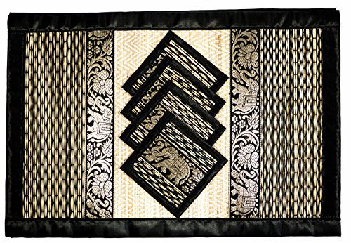 Set de table en osier tressé à la main Set de sous-verre Alternative écologique au plastique Style thaïlandais résistant à la chaleur Facile à nettoyer (Grand Noir et Blanc)