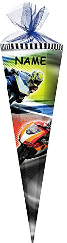 alles-meine.de GmbH Schultüte - Motorradrennen/Motorrad - 22 cm - rund - incl. Namen - mit Tüllabschluß - Zuckertüte - mit/ohne Kunststoff Spitze - für Jungen - Rennen / ..