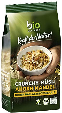 biozentrale Müsli Crunchy Ahorn-Mandel | 375 g knuspriges Bio Müsli | Ideal zum Frühstück und für den Müslibecher to go | vegan & ohne Palmöl