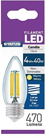 Status 4.5w = 40w = 470 lumens Filament LED - Candle - ES - Clear - Warm White - 1 pk Box - in White CDU | Reduces energy costs in busy commercial venues; durable plastic casing delivers a 2700k relaxed glow, non-dimmable.