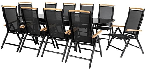 ib style - Diplomat XXL Gartengarnitur | 4 Kombinationen - 2 Farben | Alu SCHWARZ + TEAKHOLZ + Textilen SCHWARZ | Ausziehtisch 135-270 cm | 2 Farben und 4 Kombinationen | 10 Klappstuhl + 1 Tisch