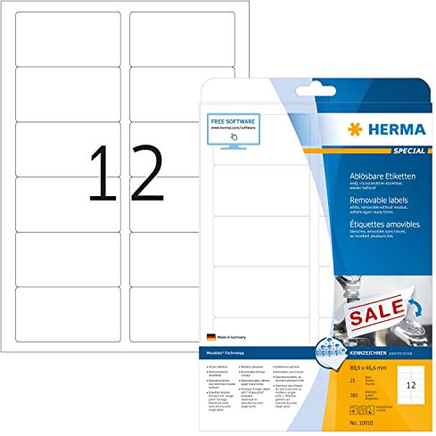 HERMA 10010 Universal Etiketten ablösbar, 800 Blatt, 88,9 x 46,6 mm, 12 pro A4 Bogen, 9600 Stück, selbstklebend, bedruckbar, matt, blanko Papier Klebeetiketten Aufkleber, weiß
