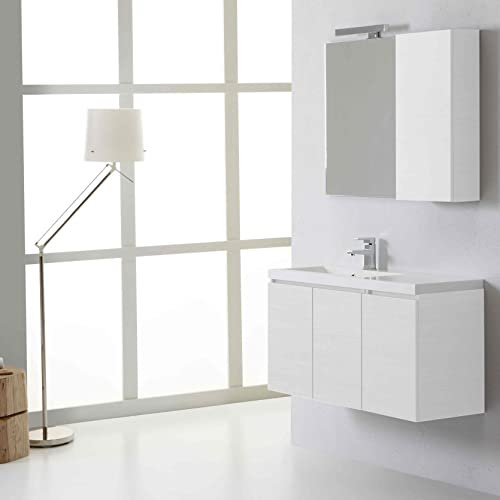 Kiamami Valentina Mueble de baño suspendido 90cm 3 Puertas Blanco Foresta, Lavabo a la Izquierda, Espejo con Armario a la Derecha | Manhattan