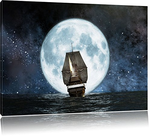 Pixxprint Segelschiff bei Vollmond, Größe: 100x70cm, Leinwandbild, fertig gespannt, Wandbild, Dekoration, Kunstdruck, kein Poster