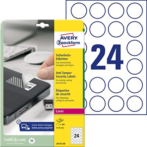 AVERY Zweckform L6112-20 Sicherheitsetiketten (480 Folienaufkleber, Ø40mm auf A4, stark selbstklebend, fälschungs-/manipulationssicher Sicherheitsfolie, bedruckbare Klebefolie) 20 Blatt, weiß