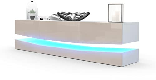 Vladon Lowboard City, Made in Germany, TV-Kommode mit Sockelelement, 1 offenem Fach und 3 Schubkästen, Weiß matt/Sandgrau Hochglanz, inkl. LED-Beleuchtung (178 x variabel x 39 cm)