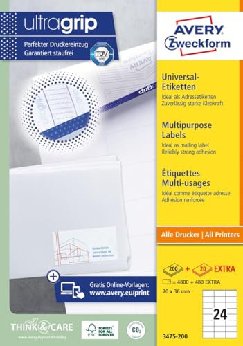 AVERY Zweckform 3475-200 Adressaufkleber (4.800 plus 480 Klebeetiketten extra, 70x36mm auf A4, Papier matt, bedruckbare Absenderetiketten, selbstklebende Adressetiketten mit ultragrip) 220 Blatt, weiß