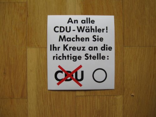 5 Stück CDU-Wahlaufkleber (Satire) in 9,5 x 10,5 cm Format
