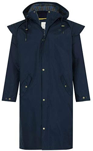 LightHouse Men's Stockman Waterproof Raincoat - Long Lined Windproof Outdoor Coat with Detachable Hood - Navy - XXL