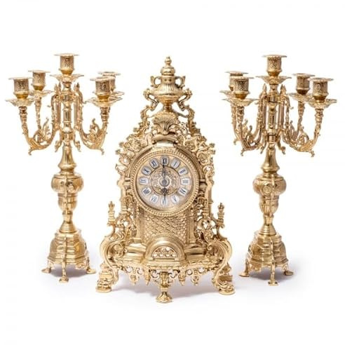 ARTERAMEFERRO Triptychon Barockuhr aus poliertem Messing mit französischen Kerzenhaltern für Konsolen